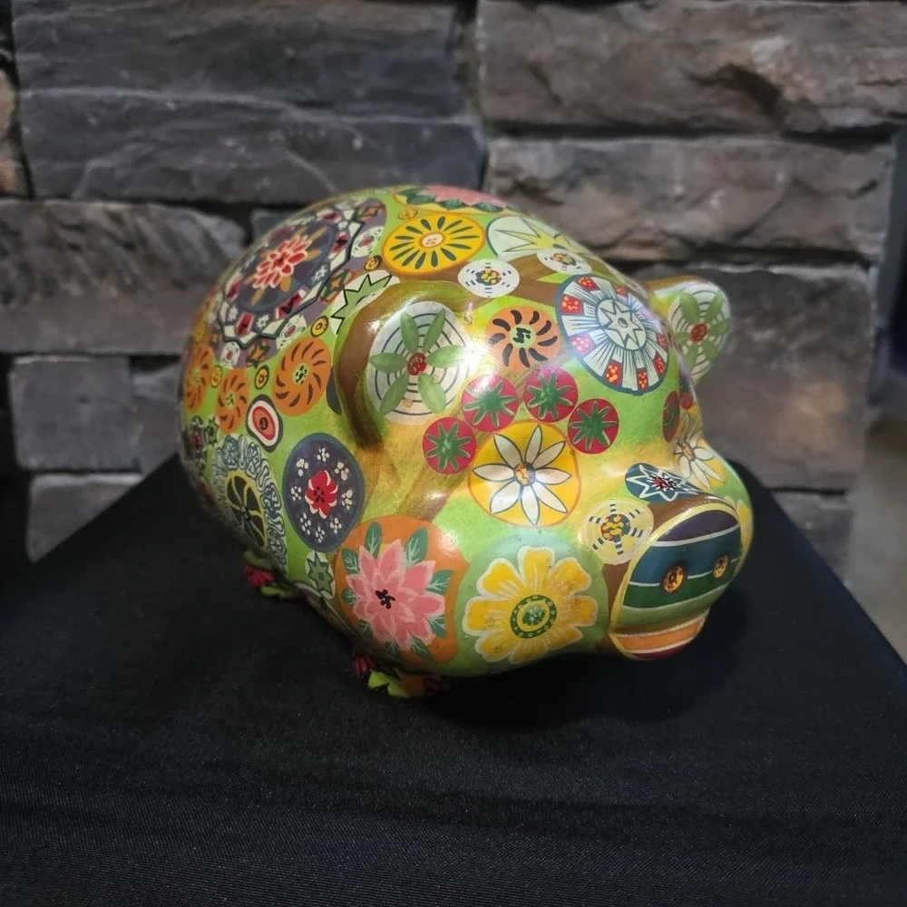 Vintage Pottery Piggy Bank Hippie Retro Flower Art